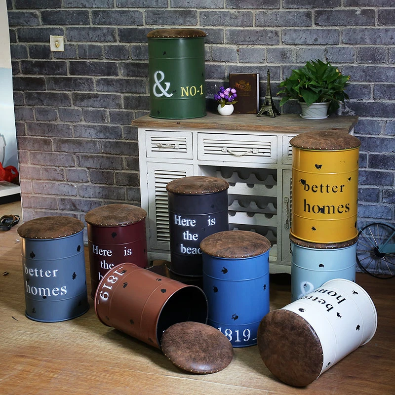 Industrial Iron Bucket Stool Bedroom Change Shoe Storage Stools Bar Bench Dining Chairs Vintage Retro Sofa Loft Decor Ottomans Industrial Iron Bucket Stool Bedroom Change Shoe Storage Stools Bar Bench Dining Chairs Vintage Retro Sofa Loft Decor Ottomans