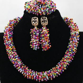 

Amazing Multicolor Broken Beads Seed Gifts African Party Jewelry Set Choker Necklace Earrings Bracelet Set Free Shipping QW291