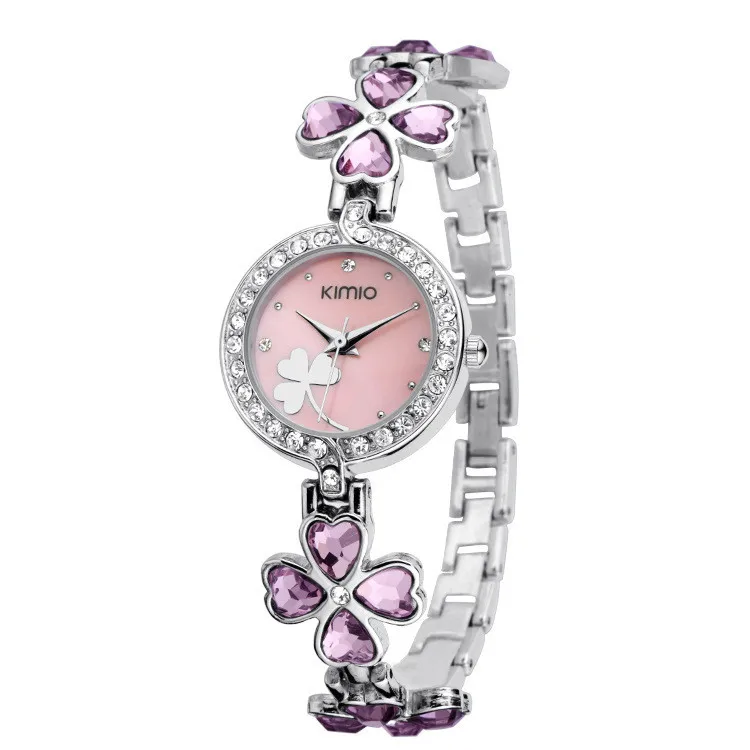 Kimio-Love Coração Crystal Strap Clock, Clover Bracelet