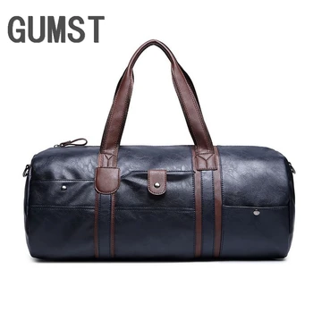 

GUMSTNew Men 19inch Travel Duffle Bag PU Leather Men's Travel Bags Black Shoulder Handbag Round Bucket Shape Messenger Bag Tote