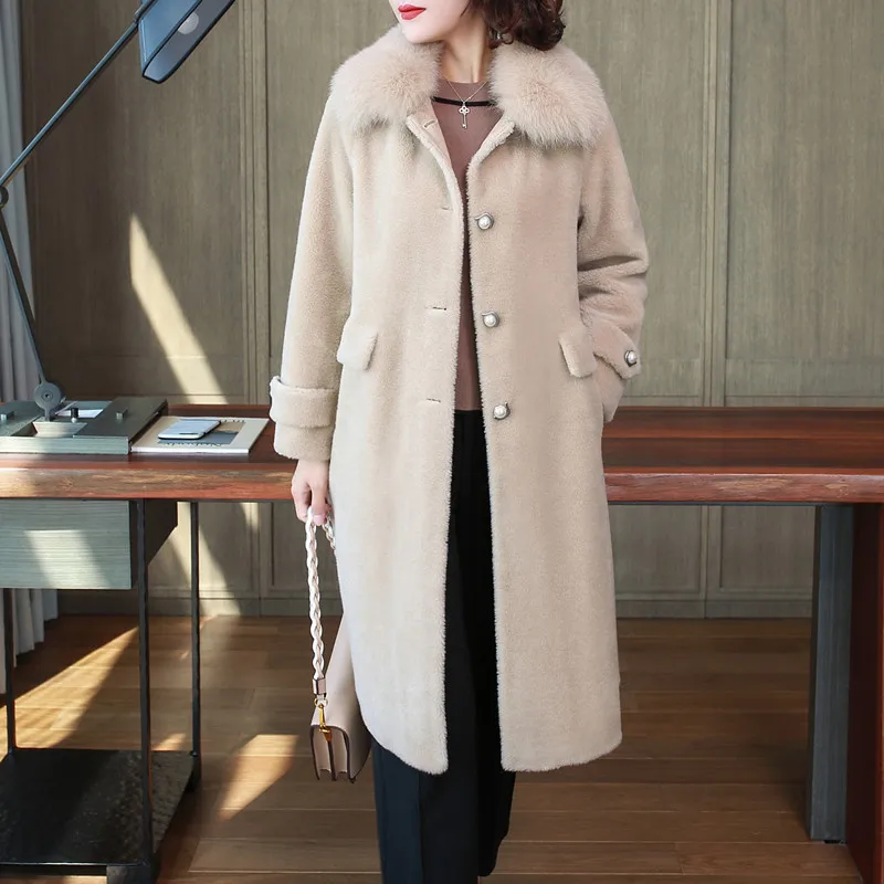 Naturel gris De Clair Gours bleu Parka Laine Chaud Réel 2018 marron En Renard Nouveau D'hiver A8808 Veste Beige Manteau Agneau Cuir Vêtements Moutons Col Fourrure Longue Femmes wOXqgCX