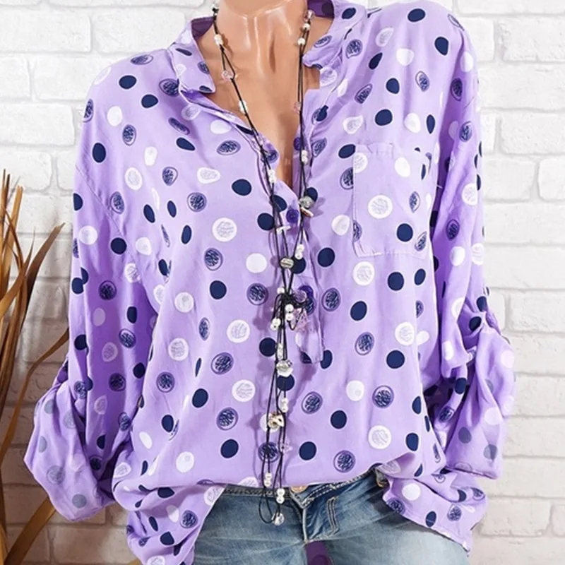 

2019 Plus Size 5Xl Spring Summer Women Adjustable Long Sleeve Polka Dot Print Shirts Stand Collar Pocket Casual Blouses