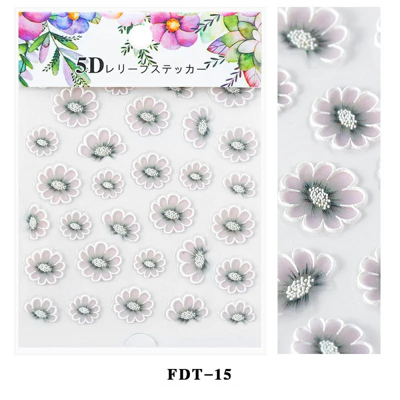 1 лист, 5D наклейки для ногтей, переводная картинка, тисненые цветы, смешанный узор, самоклеящиеся переводные наклейки для ногтей, декоративные наклейки DIY, s - Цвет: FDT-15