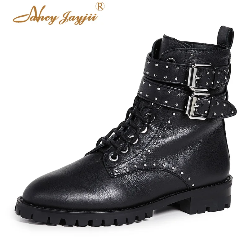 

Black White Motorcycles Boots Women Ankle Bota Ladies Shoes Luxury Rivets Buckle Strap Plush Block Heel Low Big Size 45 43 44
