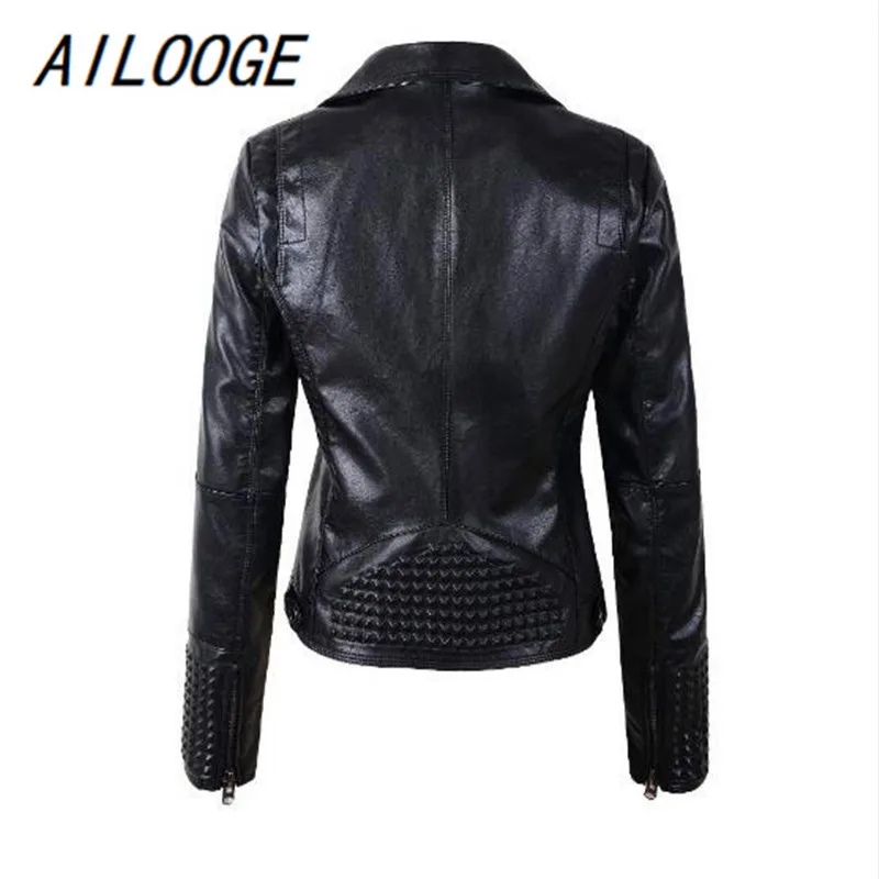 AILOOGE/Новинка года; женская мотоциклетная куртка из искусственной кожи; мягкая черная куртка из искусственной кожи; Женская куртка с отложным воротником и заклепками на молнии; пальто из искусственной кожи в стиле панк; верхняя одежда
