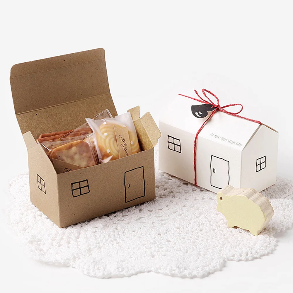 

1Set White Kraft House Paper Candy Chocolate Gift Box with String Tag Wedding Birthday Party Favors Packaging Boxes