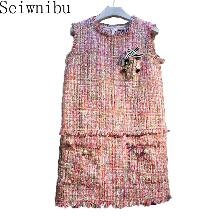 Seiwnibu women autumn winter tweed dresses sleeveless o neck diamonds wool cashmere vest dress