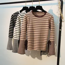New Korean Women Sweaters Autumn Winter Striped Knitted Pullover  Elatic Sweater Top Long Flare Sleeve Pull Femme Hiver D303