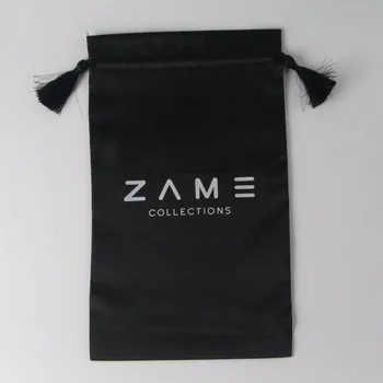 

100 pcs White Pink Black Virgin Hair Bag with Drawstring Tassel, Hair Extension Bundles Satin Bag Pouch with Logo Customized