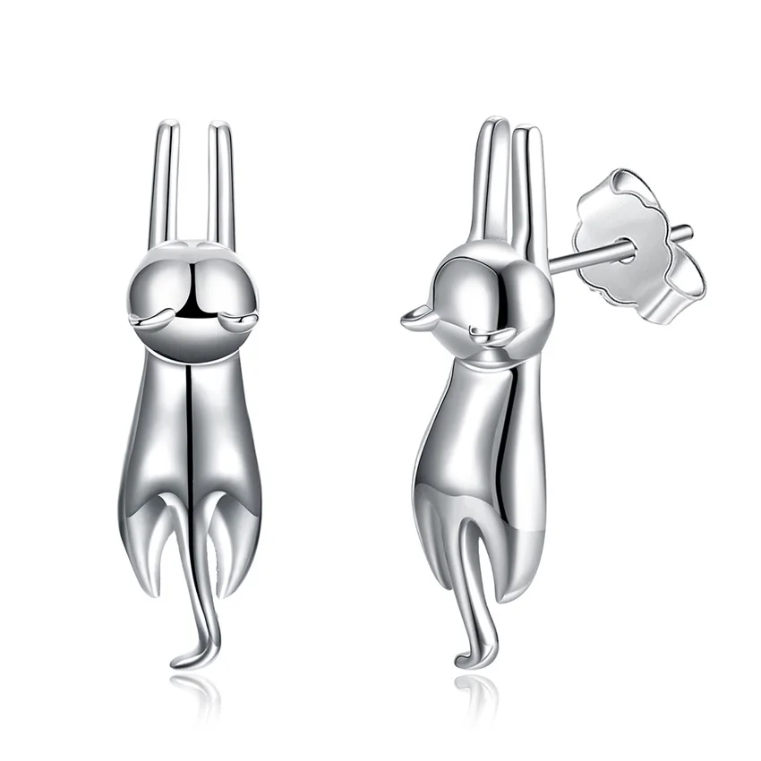 

Fine 100% 925 Sterling Silver Earrings Cute Cat Stud Earring for Women Bridal and Girl Fashion Ear Accessorie Jewelry Gift