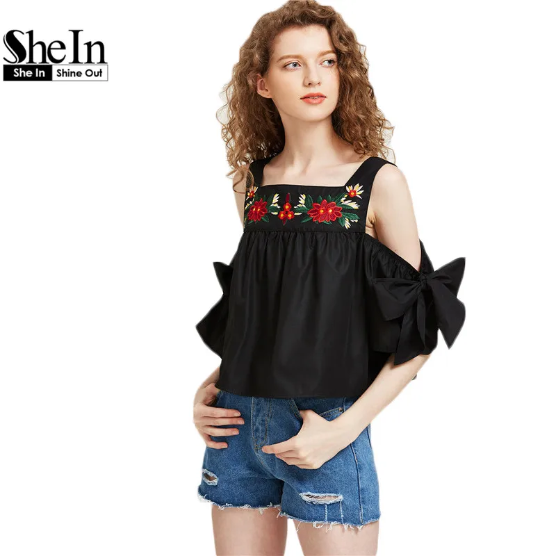 Online Get Cheap Babydoll Blouses -Aliexpress.com Alibaba Group SheIn Cold Shoulder Bow Sleeve Embroidered Babydoll Blouse Woman's Fashion 2017 Summer Black Half Sleeve Boho - Online Get Cheap Babydoll Blouses -Aliexpress.com Alibaba Group