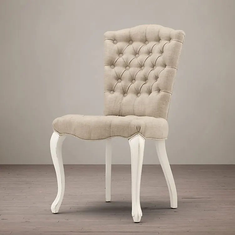 Button Tufted Dining Chair Wood White/Antique Finish Linen Fabric Upholstery Dining Room Furniture Wooden Side Chair Design