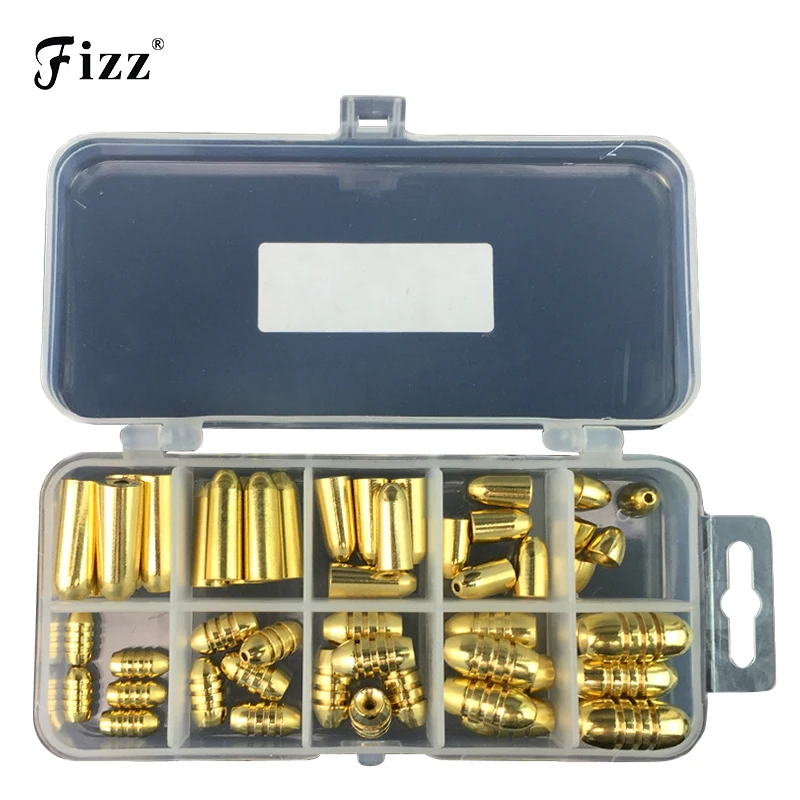 

50Pcs/Box Copper Bullet Weights Fishing Sinkers 1.8g/3.5g/5g/7g/10g in Plastic Fishing Accessories Tackle Box 127x60x23mm