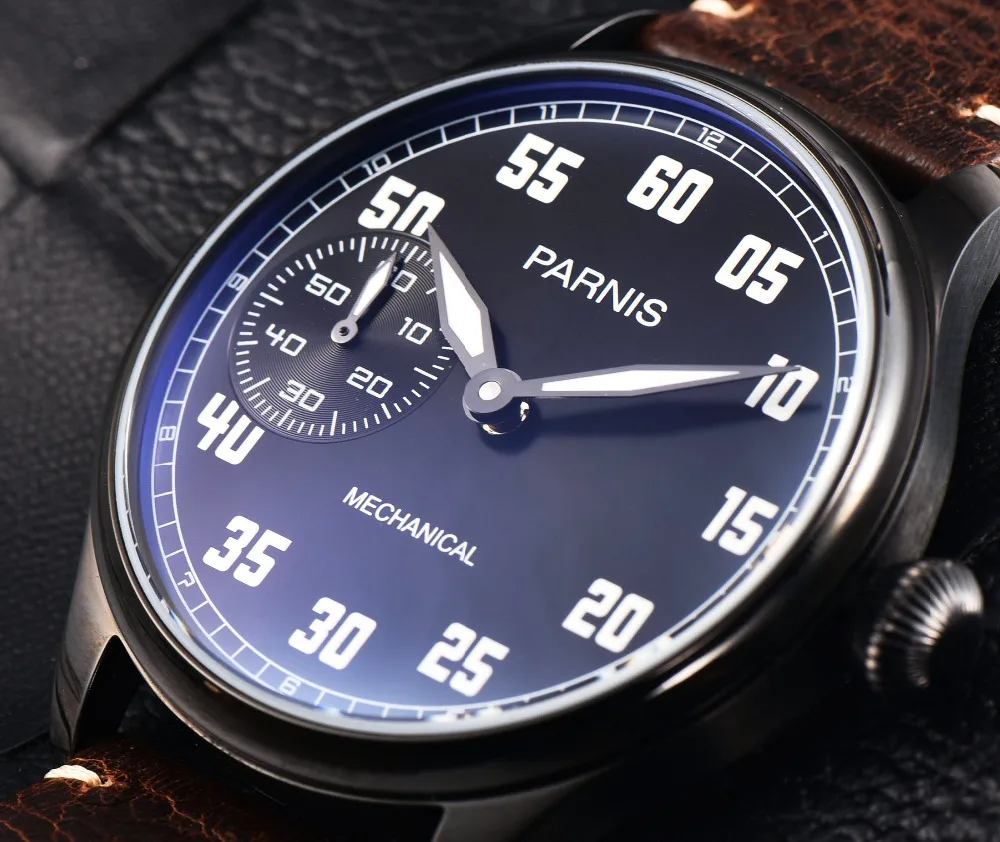 US $64.73 2018 Issue Casual Man Watch Mechanical Hand Winding Watch Leather 44mm Parnis Hand Wind Power Reserve Watch 17 Jewels