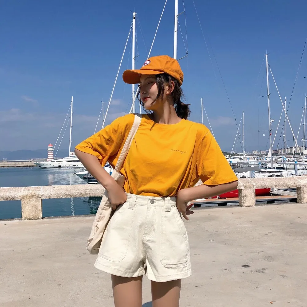 S XL 3 цвета Лето 2019 г. корейский стиль Высокая Талия Короткие джинсы линии широкие