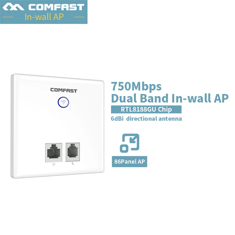 

750M 48V Poe Power White Wireless WIFI Wall Embedded Wireless AP Router,2.4G 300 Mbps+5G 433mbps high gain antenna CF-E537AC