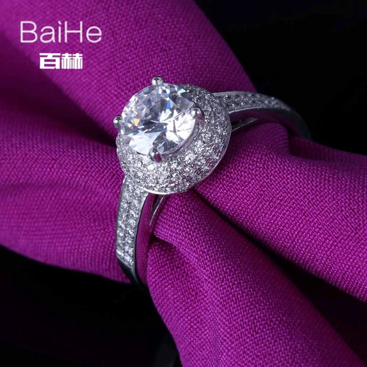BAIHE Solid 14 K белое золото(AU585) 6,5 мм сертифицированные, подлинные AAA Градуированные Кубического Циркония Круглый безупречный обручение женское модное кольцо