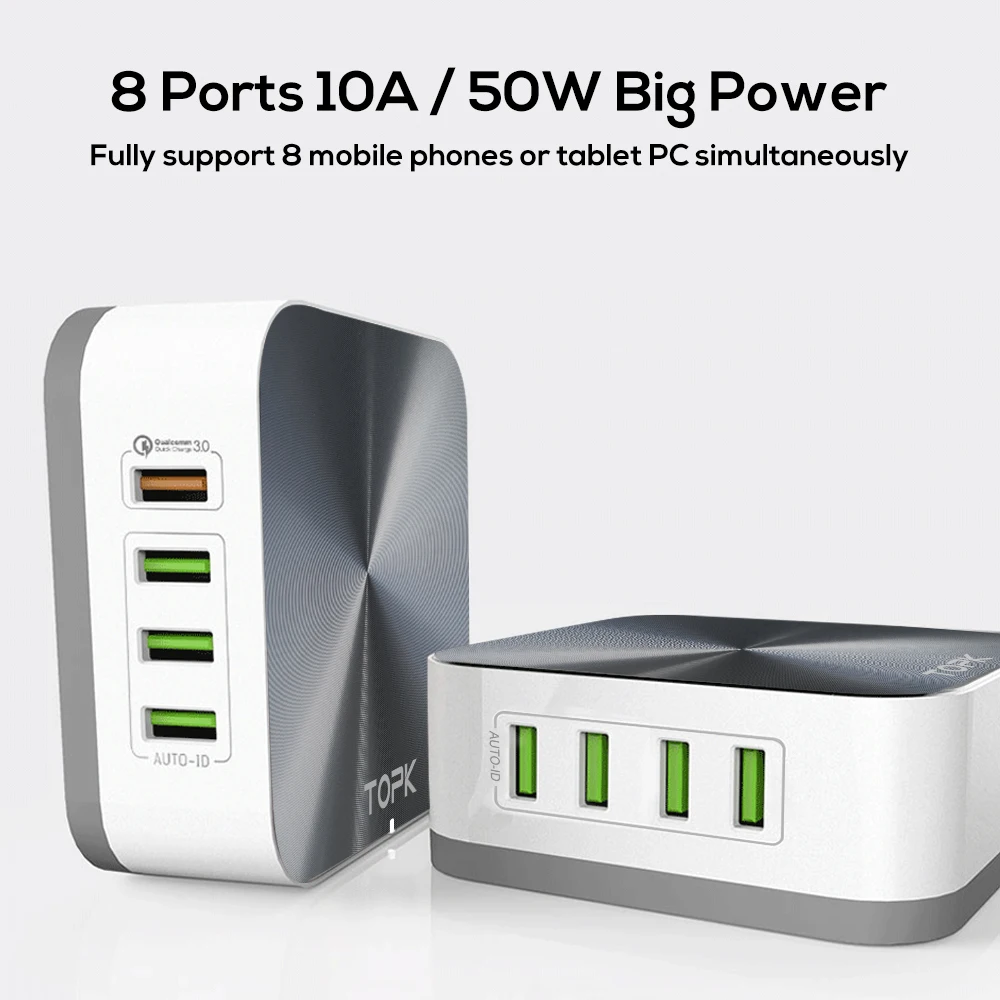 TOPK B829Q 8 Port 50W Quick Charge 3.0 USB Charger for iPhone Samsung Xiaomi Huawei EU US UK AU Plug Desktop Fast Phone Charger