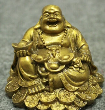 

free shipping beautiful Chinese Brass Buddhism Wealth Coin YuanBao Happy Laughing Maitreya Buddha Statue