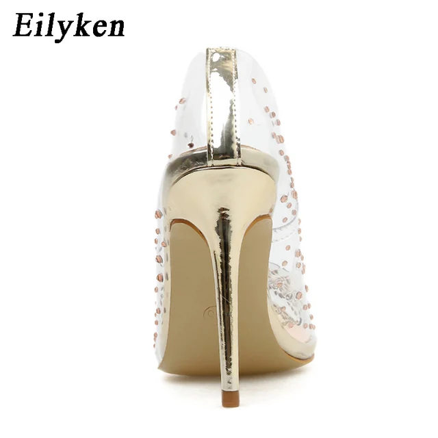 EilyKen 2022 Fashion Golden Rhinestone PVC Transparent Women Pumps Autumn High Heels Sexy Party Wedding shoes size 41 42 4