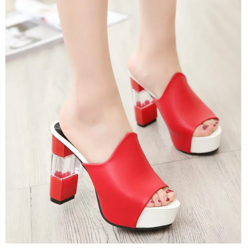 

Women Sandals Shoes 12.5cm Thick High Heels Transparent Heel Slip-On Shallow Peep Toe Solid Party Female Pumps Slippers Shoes