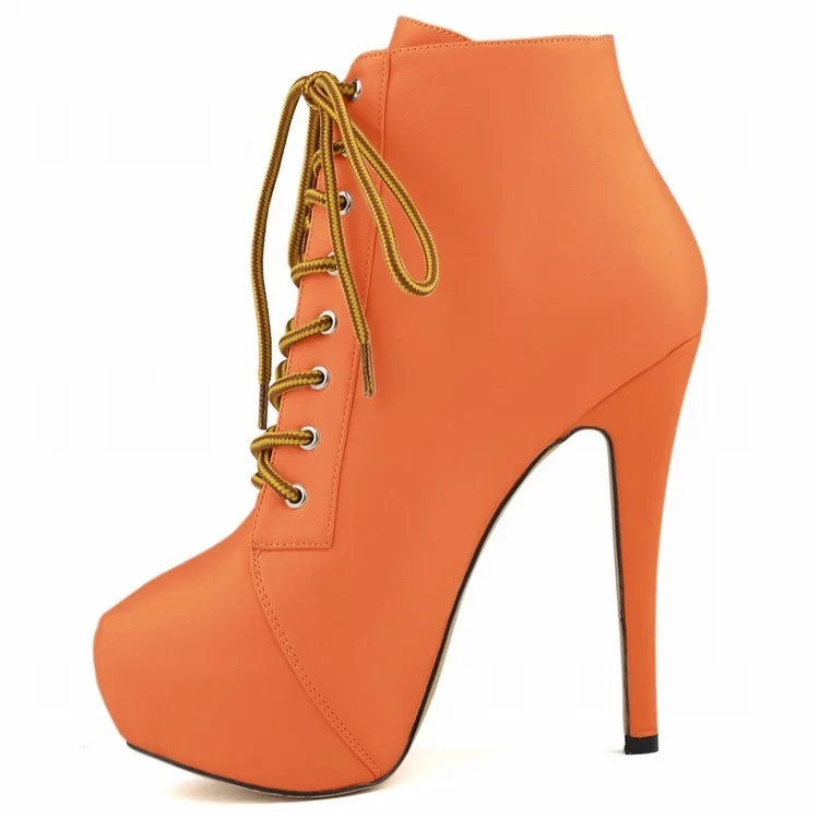 LOSLANDIFEN Women Boots PU Lace Up 14CM Thin Heels Round Toe Waterproof platform Comfort Short Boot Party OL Office Woman shoes