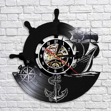 Креативные декоративные художественные настенные часы Якорь корабль морской компас Ретро Виниловая пластинка лазерная гравировка моряки настенные часы