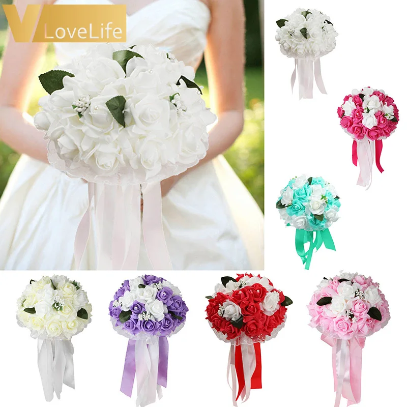 

Bridal Bouquet Holding Flowers Ribbon Fuchsia/Ivory/White PE Rose Bridesmaid Wedding Foam Flowers Rose Fake Wedding Bouquet
