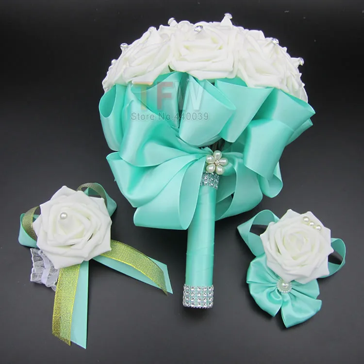 Kyunovia Комплект из 2 предметов букет запястья корсаж и бутоньерка голубой Buque De Noiva искусственные розы Свадебное платье невесты цветы fe4