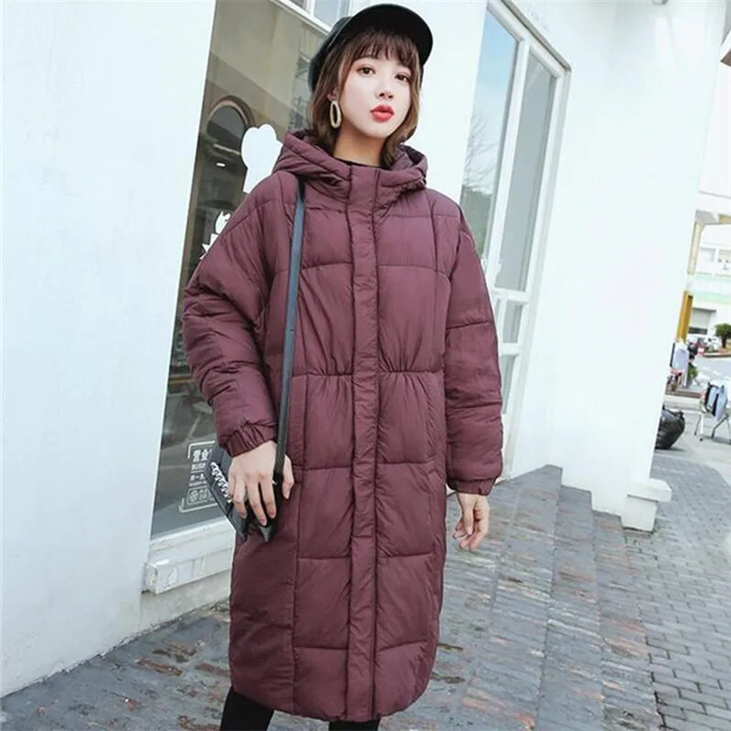 Nieuwe Losse Maxi Parka 2019 Winter Oversized Baggy Lange katoenen Jas Casual Pure gestreepte capuchon grote thicken vrouwen jas Nieuwe Losse Maxi Parka 2019 Winter Oversized Baggy Lange katoenen Jas Casual Pure gestreepte capuchon grote thicken vrouwen jas