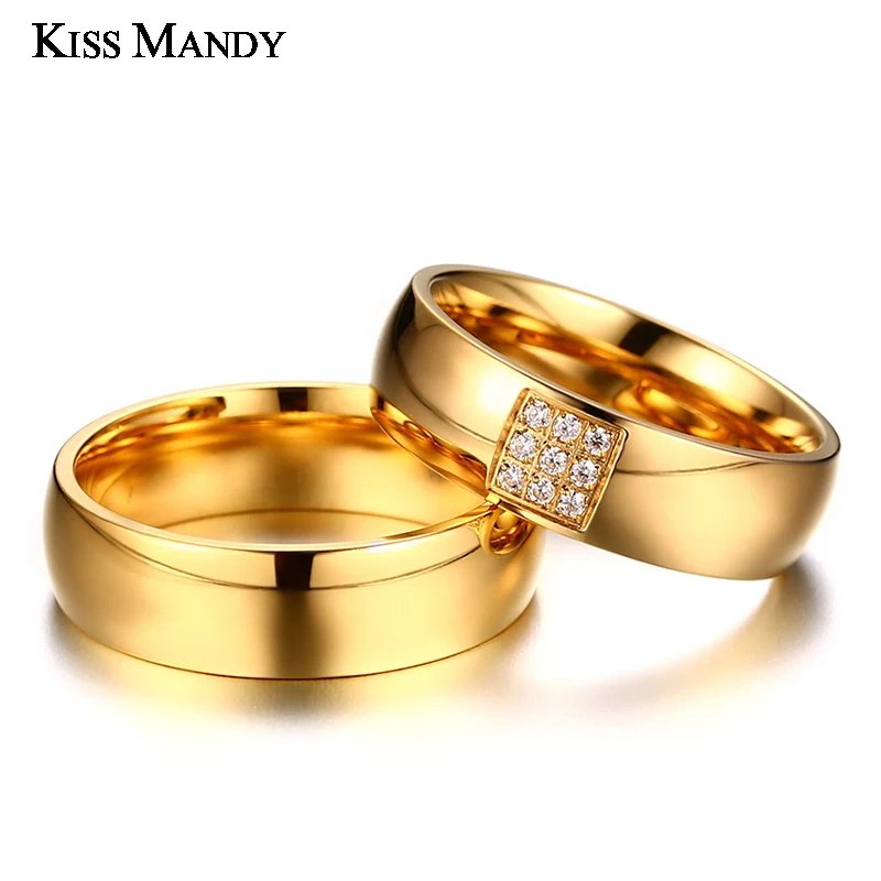 KISS MANDY Gold Stainless Steel Couple Promise Rings With 9 Pcs Zircons For Lovers Engagement Wedding Band Women Jewelry KR418