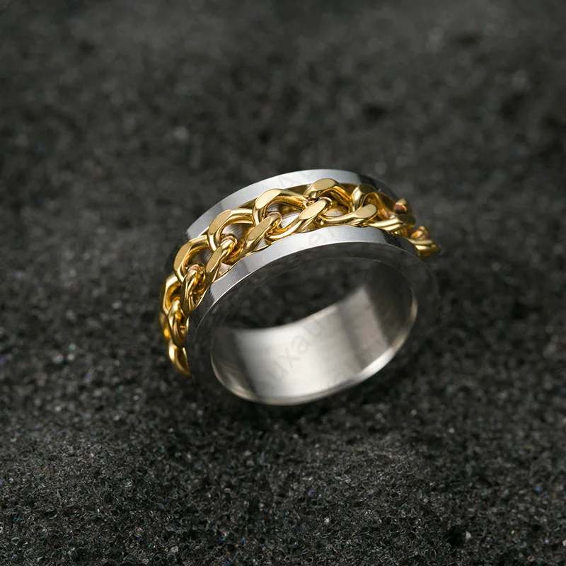 Auxauxme, цельная цепочка из нержавеющей стали, Спиннер, кольцо для мужчин, синяя Радуга, черный, панк-рок, аксессуары, вечерние, подарок, размер США 6-12 - Цвет основного камня: Gold