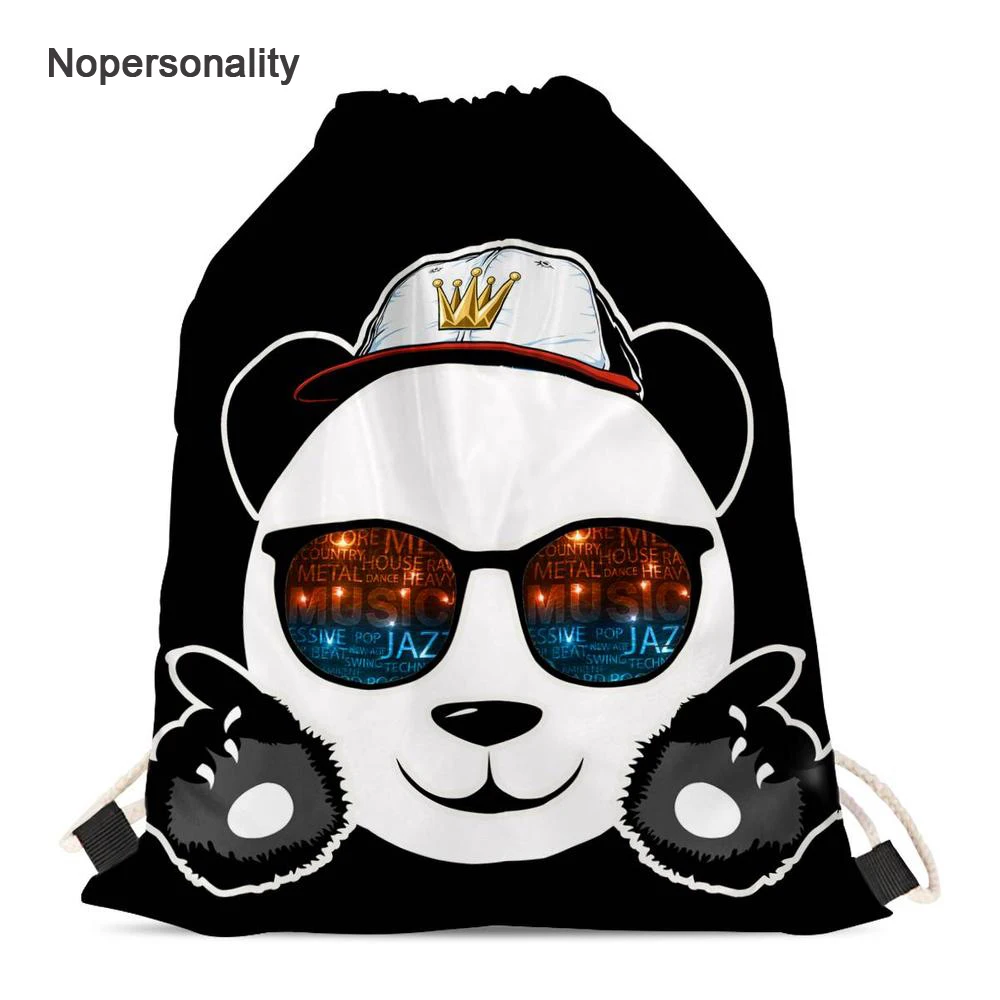 ##BUY Nopersonality Black Animal Panda Print Drawstring Bags for Girls Lightweight Drawstring Backpack Children Soft School Bagpack