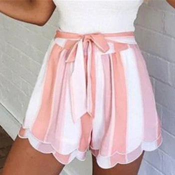 

Striped Shorts Women Fashion Lotus Leaf Edge Casual High Waist Belted Drawstring Loose Short Feminino