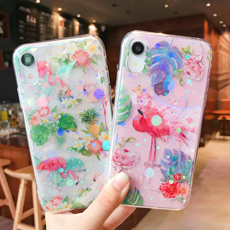 

Glitter Aurora Flamingo Case For iPhone XR 7 8 6 6S Plus X XS MAX Soft TPU Silicone Back Cover Phone Coque Cartoon 3D Pattern