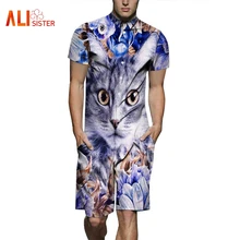 3D Забавный Кот принт мужской комбинезон короткий рукав однобортный комбинезон короткие брюки Летняя Вечеринка сплошной комбинезон наборы