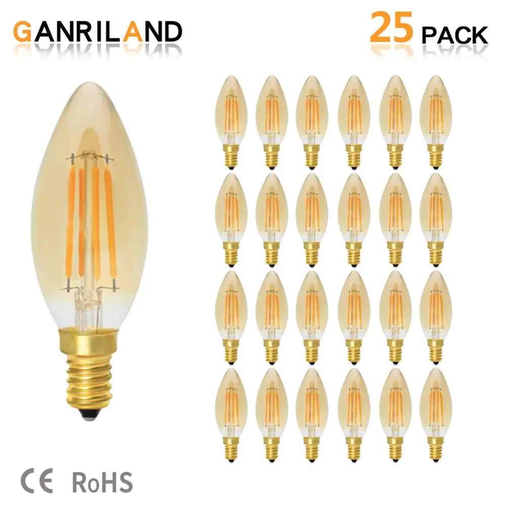 

C35 4W E14 220V LED Candle Light Bulb Amber Glass Lamp Retro Vintage LED Filament Bulbs Yellow 2200K 35W Incandescent Equivalent