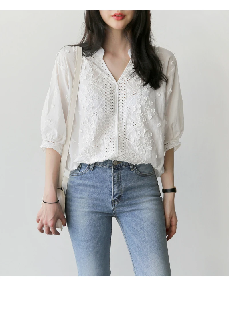 Embroidery Hollow Out V-neck Floral Office White Shirt