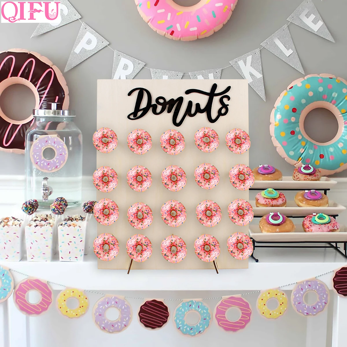 QIFU Donut Wall Holds Candy Sweet Cart Rustic Wooden Decor Wood Sweet Table Decor Birthday Party De
