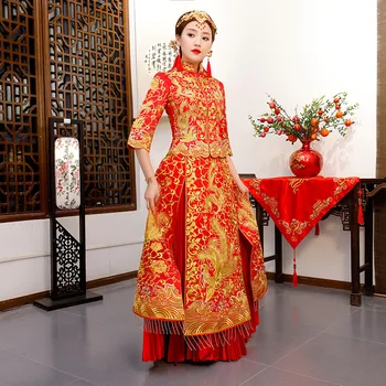 

Red China Clothing Embroidery Phoenix Robe Chinese Traditional Wedding Dress Cheongsam Qipao Long Oriental Style Dresses