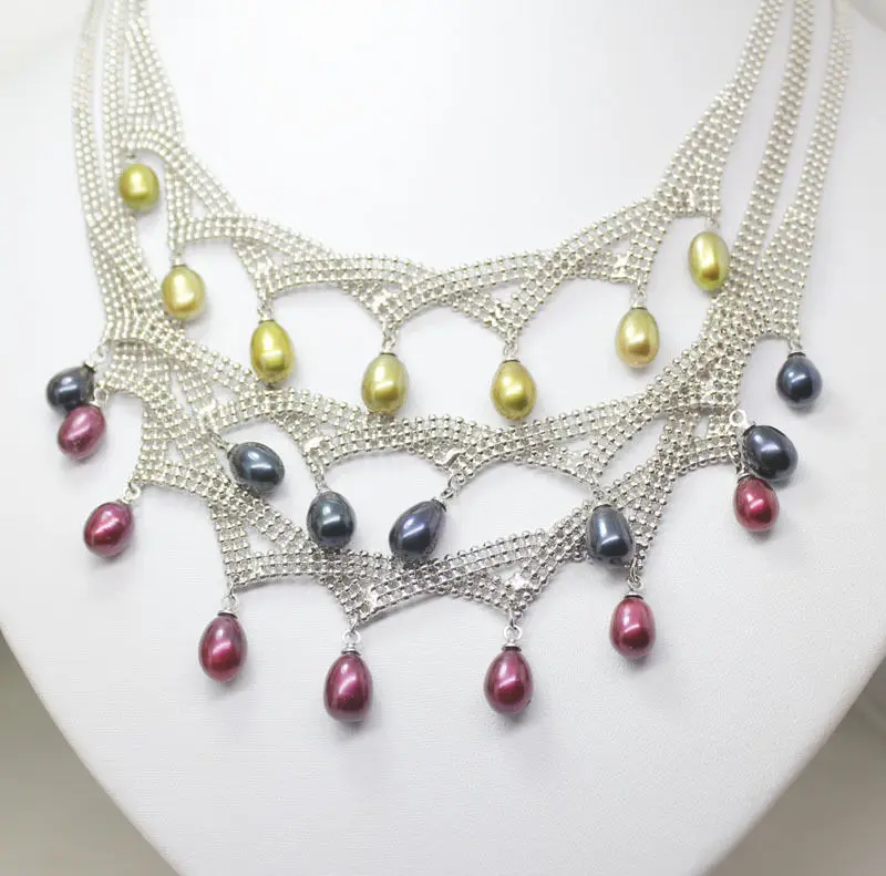 

FREE SHIPPING>>>@@ AS3228 wholesale lots 3strands color rice pearl beads pendant necklace