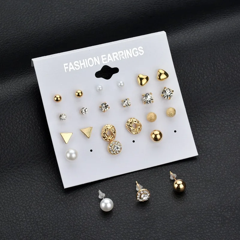 

12 Pairs Of Ladies Earrings With Square Zircon Earrings, Heart, Triangle, Round Earrings
