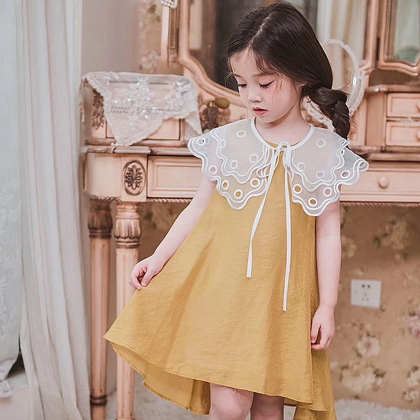 5250 Removable Lace Collar Princess Baby Girls Dresses 2019 Summer