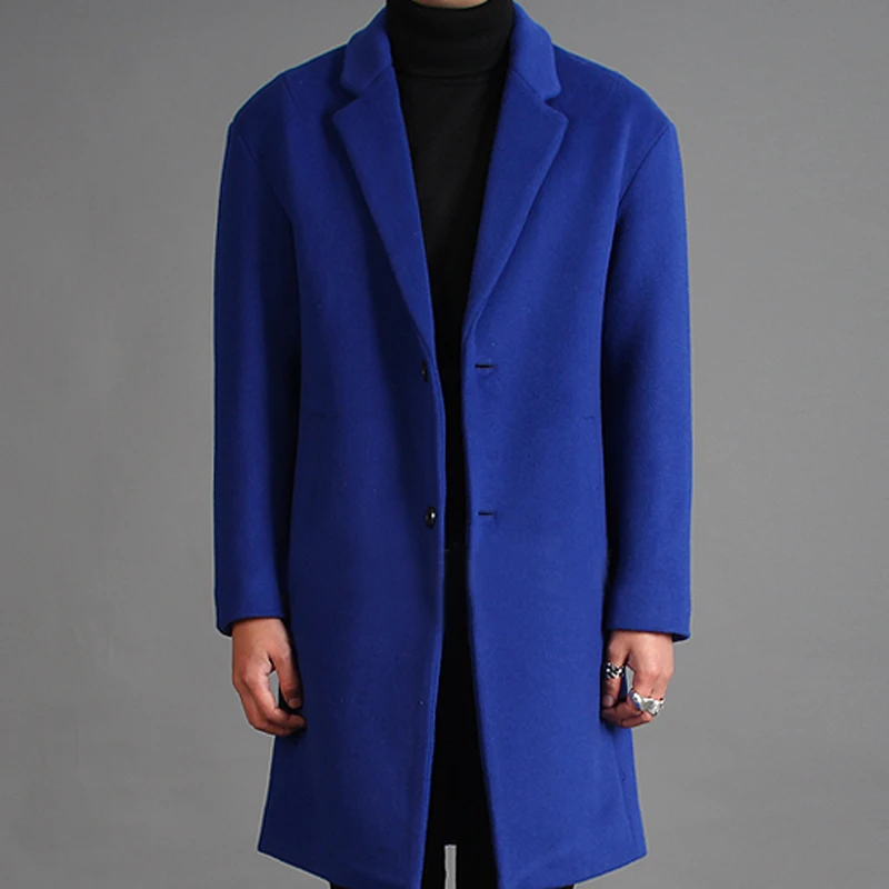 Elegant Men's Fashion Blue Long Woolen Blended Trench Coat Slim Fit