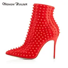 2016 Winter Neue Mode Spitz Reißverschluss High Heels Nieten Stiefeletten Frauen Party Kleid Schuhe Booties Plus Größe Angepasst