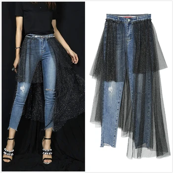 

High Street Hole Jeans Woman Pencil Denim Pants Spring Autumn Fashion Women's Sequins Mesh Patchwork Denim Trousers Pants SL406