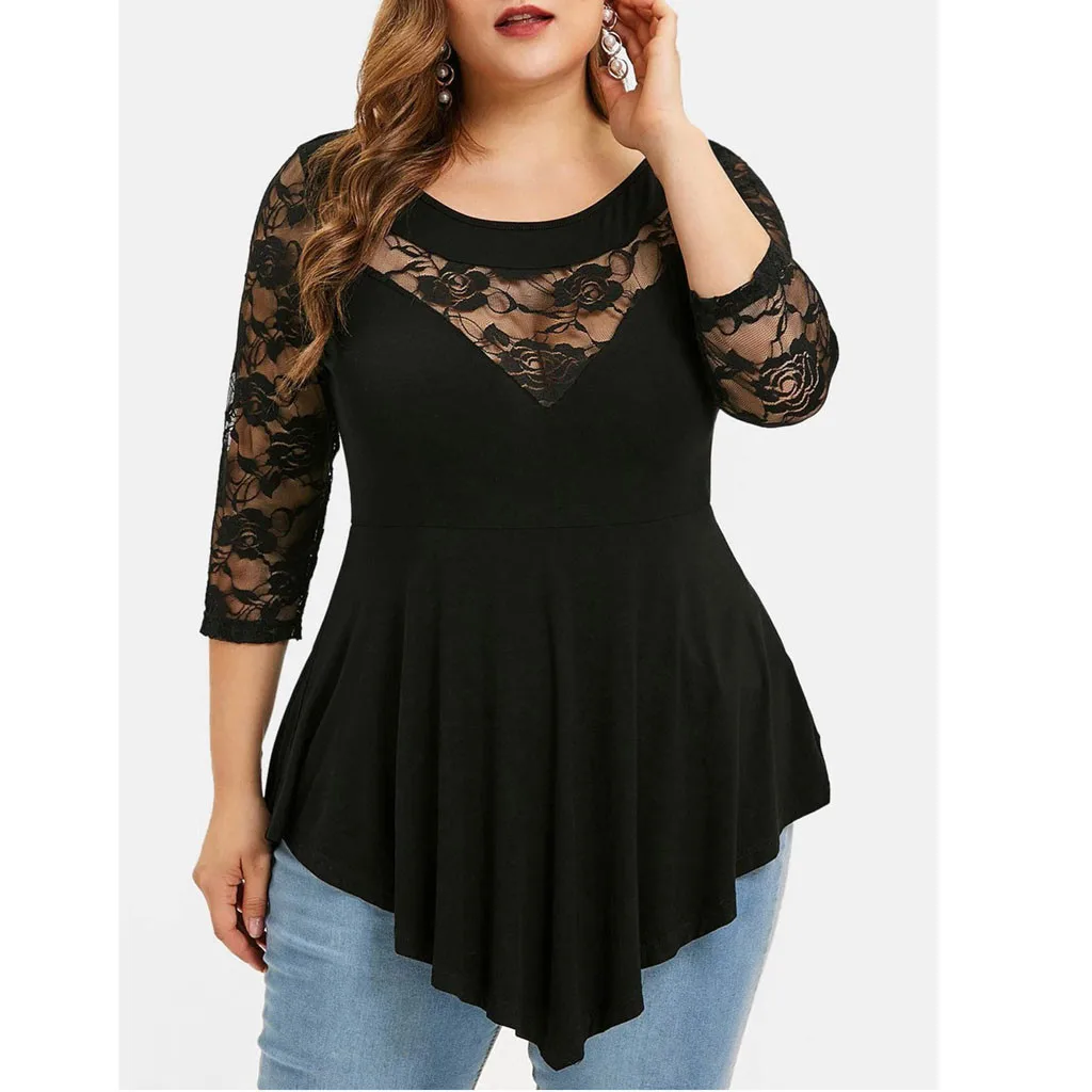 

Plus Size Women Solid Floral Lace O-Neck Asymmetric Three Quarter Tops Blouse