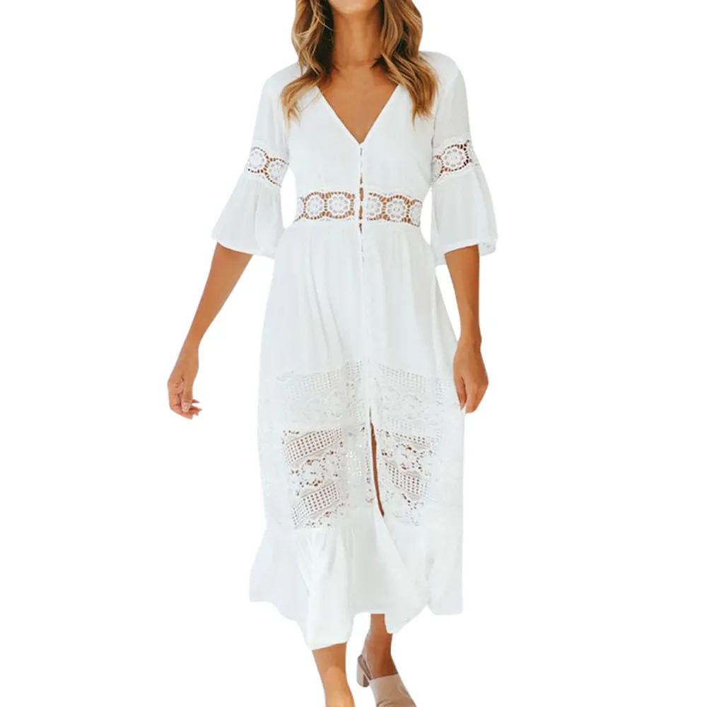 

Women Casual Solid V-Neck Lace Patchwork Button three quarter Sleeve Split Maxi Long Dresses ladies girls solid dresses vestidos
