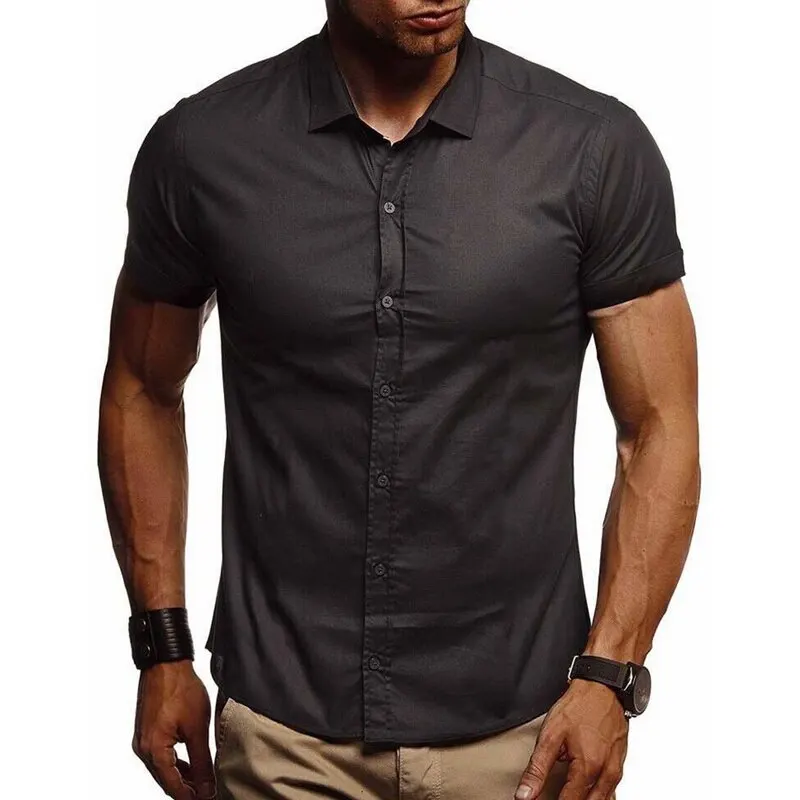 Oeak, мужские летние повседневные рубашки,, сейчас, на пуговицах, с воротником, облегающие, короткий рукав, одноцветные, тянущиеся, повседневные, деловые, офисные рубашки