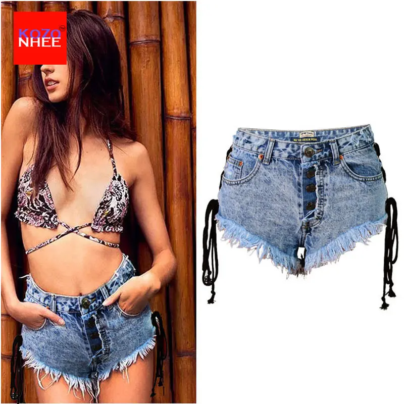 New Women Vintage Snowflake Denim Short High Waist Straps Tassel Denim